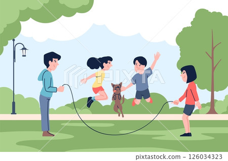Skipping rope jumping in park. Children outdoor activity, play with jump ropes. Girls boys and dog having fun in garden, team game, recent vector scene Skipping rope jumping in park. Children outdoor activity, play with jump ropes. Girls boys and dog having fun in garden, team game, recent vector scene 126034323