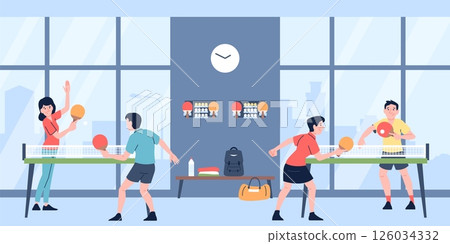 Ping pong game in gym. Workout or sport competition, people playing table tennis. Athletes in uniform play with opponents, recent vector scene 126034332
