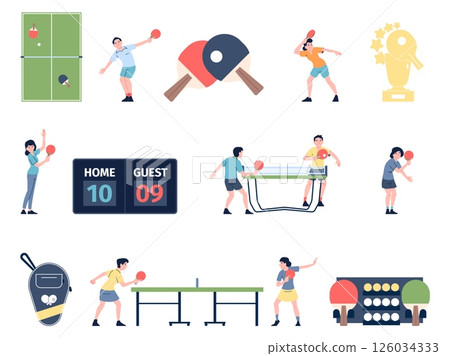 Ping pong flat clipart. People playing table tennis with opponents. Sport game athletes competition, tennis equipment, ball and rackets, recent vector set 126034333
