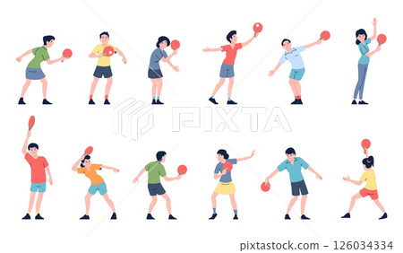 Ping pong players. Table tennis athletes in different action poses. Sport competition, men women in workout uniform. Outdoor activity, recent vector characters 126034334