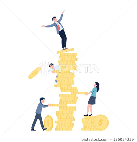 Financial risks. Man balanced on top of stack coins, people pulling money out of foundation. Precarious situation, instability, enrichment, recent vector scene 126034339