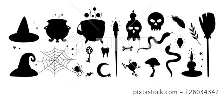 Magician items black silhouettes. Bubbling cauldrons, broom, witch hats, skulls and candles. Snakes and spider, web, mushroom and frog, isolated vector icons Magician items black silhouettes. Bubbling cauldrons, broom, witch hats, skulls and candles. Snakes and spider, web, mushroom and frog, isolated vector icons 126034342
