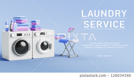Laundry service advertising banner with washer and dryer, detergents in bottles, ironing board, iron and clean fold clothes stacks. Render poster of public launderette room, washhouse. 3D illustration 126034398