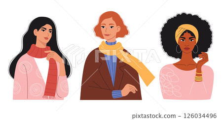 Beautiful Woman set. Pretty Diverse Female Portrait. Vector illustration. Isolated Cute Modern Ethnic Character on white background Beautiful Woman set. Pretty Diverse Female Portrait. Vector illustration. Isolated Cute Modern Ethnic Character on white background 126034496