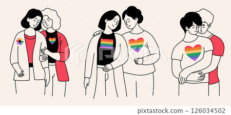 Pride Month. LGBTQ Same-sex People set. Couple in Love gently hugging. LGBT community. Minimalist isolate hand Doodle drawings. Vector Illustration for Design, social media, unity and equal love 126034502