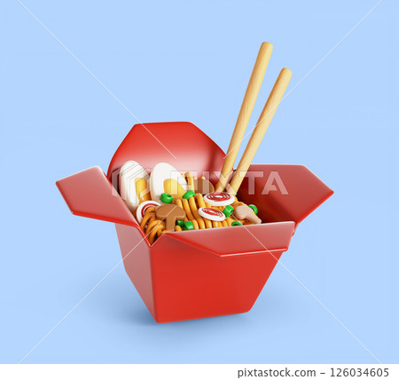 Chinese noodles Wok in red paper take away box with chopsticks render. Instant ramen pasta with egg, meat, mushrooms and vegetables. Asian food icon, pad thai delivery from restaurant. 3D illustration 126034605