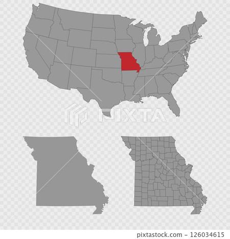 Missouri map set with USA location, clean outline, and full county breakdown. 126034615