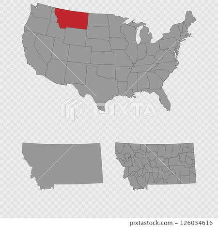 Montana map set with USA location, clean outline, and full county breakdown. 126034616