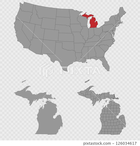 Michigan map set with USA location, clean outline, and full county breakdown. Michigan map set with USA location, clean outline, and full county breakdown. 126034617