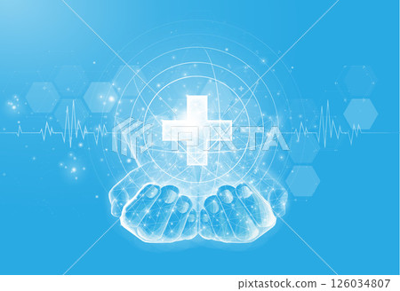 Hand holding a medical cross icon. Abstract background, hospital treatment, digital doctor. Hand holding a medical cross icon. Abstract background, hospital treatment, digital doctor. 126034807