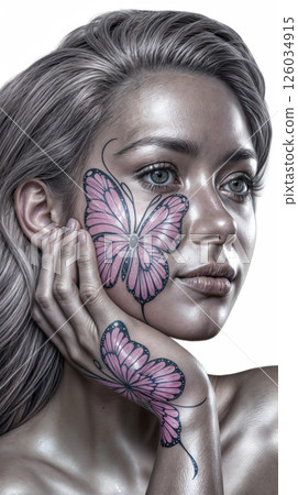 Portrait of a blonde girl with a butterfly tattoo on her cheek Portrait of a blonde girl with a butterfly tattoo on her cheek 126034915