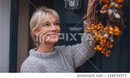 Smiling mature woman decorating her home door with a natural dried flower wreath. Eco-friendly celebration, warm atmosphere, and seasonal cozy vibes in sustainable style. 126034972