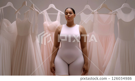 Confident plus-size woman standing among elegant dresses, showcasing modern fashion, body positivity, and online shopping trends for diverse body types. 126034986