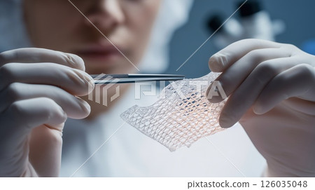 Scientist examines synthetic skin graft in sterile lab, highlighting biotech innovation in tissue engineering, regenerative medicine, and advanced healthcare research. 126035048