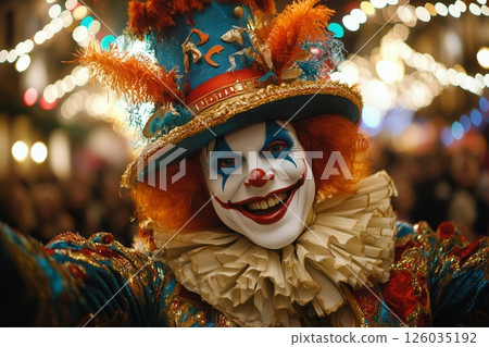a dramatic moment in the parade, a giant figure seemingly interacting with the crowd, vibrant costumes and dynamic expressions, bright and cheerful lighting 126035192