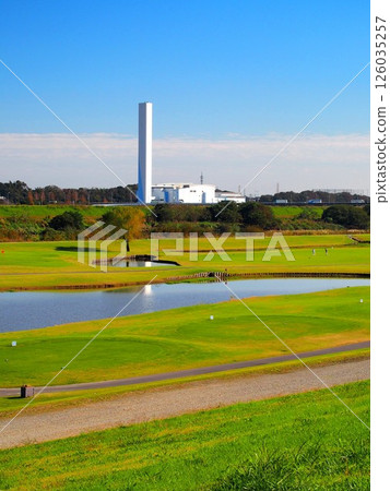 Autumn Edogawa riverbed golf course scenery seen from the bank Autumn Edogawa riverbed golf course scenery seen from the bank 126035257