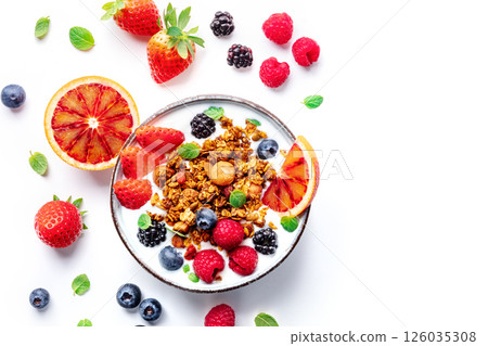 Granola with yogurt and fresh fruit. Organic gourmet muesli with ingredients Granola with yogurt and fresh fruit. Organic gourmet muesli with ingredients 126035308