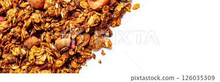Granola panorama on a white background, with copy space Granola panorama on a white background, with copy space 126035309