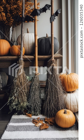 Decorate your living room for Halloween with witches' brooms, pumpkins and fall leaves. Decorate your living room for Halloween with witches' brooms, pumpkins and fall leaves. 126035340