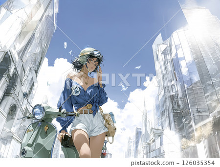 Illustration of a young woman shopping on a scooter 126035354