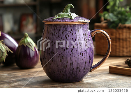 Ceramic cup with lid in shape of a purple eggplant in a rustic style on a white background. Ceramic cup with lid in shape of a purple eggplant in a rustic style on a white background. 126035456