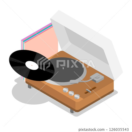Isometric music record is lowered onto the platform for installation of vinyl music player . Antique musical equipment for playing vinyl records. Aerial view vector isolated on white background Isometric music record is lowered onto the platform for installation of vinyl music player . Antique musical equipment for playing vinyl records. Aerial view vector isolated on white background 126035543