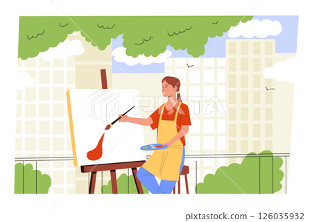 Woman painting on canvas with brush outdoors on city terrace. Creative moment urban art practice. Hobby, painting course. Flat vector illustration 126035932