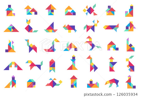 Colorful tangram puzzle shape collection of animals, houses, objects. Educational toy concept, logical brain game. Preschool, learning aid, app icon use. Flat graphic vector illustration. Colorful tangram puzzle shape collection of animals, houses, objects. Educational toy concept, logical brain game. Preschool, learning aid, app icon use. Flat graphic vector illustration. 126035934