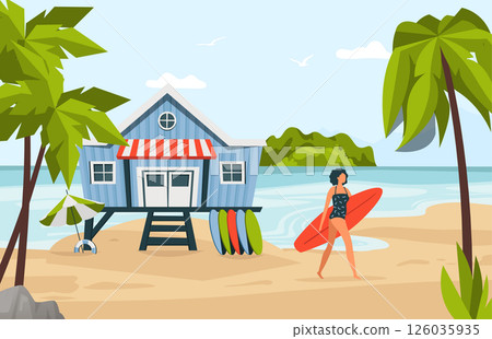 Woman walking with surfboard near tropical beach house on sand. Ocean adventure vibe. Surf school, travel ad for resort brochure use. Flat colorful vector illustration 126035935