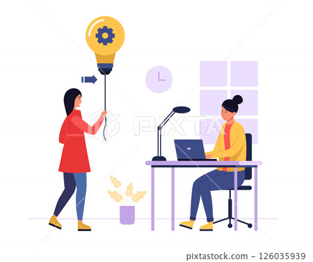 Two female colleagues collaborating in office. Woman holds light bulb with gear symbolizing innovative ideas. Creative teamwork, solution sharing concept. Business startup. Flat vector illustration Two female colleagues collaborating in office. Woman holds light bulb with gear symbolizing innovative ideas. Creative teamwork, solution sharing concept. Business startup. Flat vector illustration 126035939
