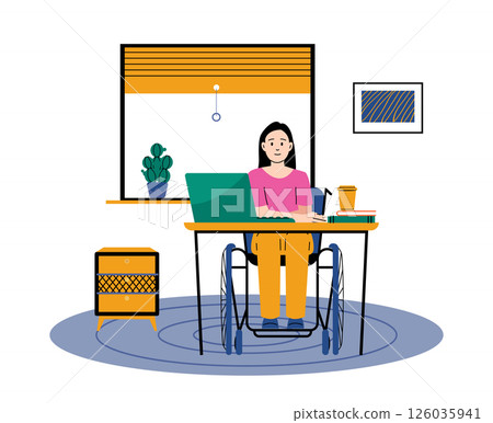 Woman in wheelchair working at home desk with laptop. Independent professional, inclusive modern lifestyle. Accessibility disability empowerment topic. Flat vector illustration 126035941