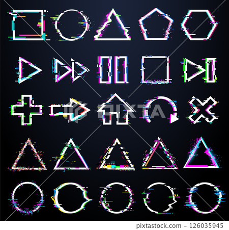 Glitch style geometric and interface icons including shapes, arrows, media buttons and symbols with RGB noise and distortion. Cyberpunk futuristic digital UI theme. Vector illustration Glitch style geometric and interface icons including shapes, arrows, media buttons and symbols with RGB noise and distortion. Cyberpunk futuristic digital UI theme. Vector illustration 126035945