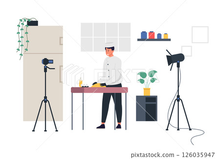 Food blogger preparing ingredients for a recipe in a home kitchen studio. Chef filming cooking tutorial with camera and lighting setup. Online cooking. Cartoon vector illustration Food blogger preparing ingredients for a recipe in a home kitchen studio. Chef filming cooking tutorial with camera and lighting setup. Online cooking. Cartoon vector illustration 126035947
