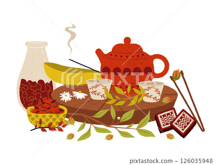 Traditional chinese tea ceremony. Red teapot with floral cups, herbs and incense, dried flowers and sweets for calming tea ritual. Herbal relaxation moment. Cartoon style. Vector illustration Traditional chinese tea ceremony. Red teapot with floral cups, herbs and incense, dried flowers and sweets for calming tea ritual. Herbal relaxation moment. Cartoon style. Vector illustration 126035948