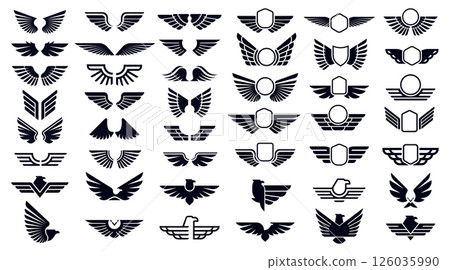Heraldic wings and eagles emblems in variety of styles symbolizing flight, honor and strength. Shields, birds and abstract forms suitable for logos, aviation and retro insignias. Vector illustration Heraldic wings and eagles emblems in variety of styles symbolizing flight, honor and strength. Shields, birds and abstract forms suitable for logos, aviation and retro insignias. Vector illustration 126035990
