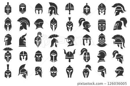 Warrior helmet silhouettes from different historical eras. Vector set of stylized helmets representing historical warriors such as Spartans, knights and Vikings for medieval themed game graphics Warrior helmet silhouettes from different historical eras. Vector set of stylized helmets representing historical warriors such as Spartans, knights and Vikings for medieval themed game graphics 126036005