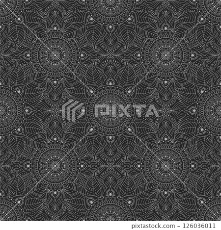 Mystical, sacred, floral motifs and abstract ornaments in a seamless pattern, dark color palette Mystical, sacred, floral motifs and abstract ornaments in a seamless pattern, dark color palette 126036011