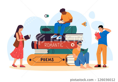 Young people reading books near giant novels and poetry volumes. Four students studying for exams. Literature, youth education. Flat cartoon vector illustration 126036012