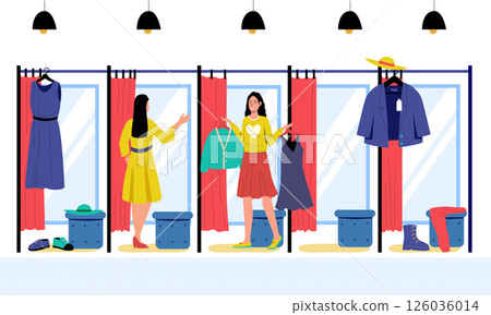 Female customers trying on new outfits in fashion store dressing room selecting garments and contemplating their purchases while. Retail store customer experience. Flat cartoon vector illustration 126036014