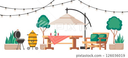 Backyard patio furniture with barbecue grill, outdoor table and chairs, drinks, trees in pots and string lights . Summer leisure picnic scene. Flat cartoon style vector illustration 126036019