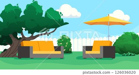 Backyard patio with sofa, yellow umbrella and green trees against blue sky with clouds. Modern garden furniture in seating area. Flat vector illustration 126036020