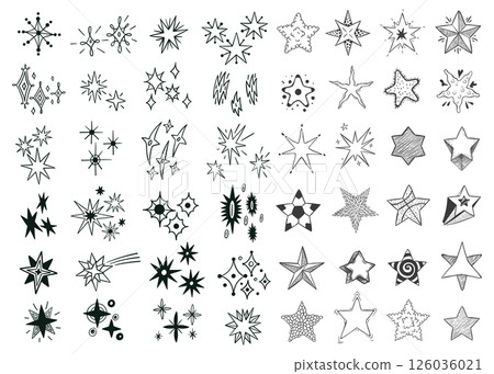 Doodle stars sparkle with different textures and shapes on white background. Hand drawn star forms fancy cosmic elements. Set of vector symbols for decoration or sticker, astrology or tattoo 126036021