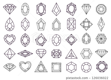Large collection of various geometric diamond icons representing different shapes, cuts, and facets of gemstones, showcasing diverse designs for jewelry or luxury branding Large collection of various geometric diamond icons representing different shapes, cuts, and facets of gemstones, showcasing diverse designs for jewelry or luxury branding 126036022