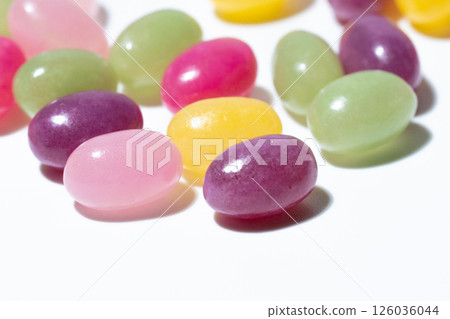 Colorful gummy candies on white background flat lay 126036044