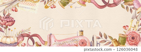 Sewing tools watercolor banner with copy space. Hand drawn vintage floral template with measuring tape and sewing machine. Perfect for tailor shop or atelier advertising background and web design. 126036048