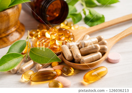 Alternative medicine herbal organic capsule drug herb. 126036213