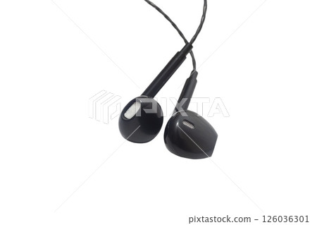 Close up of black wired headphones isolated on white background. Modern gadgets for communication 126036301