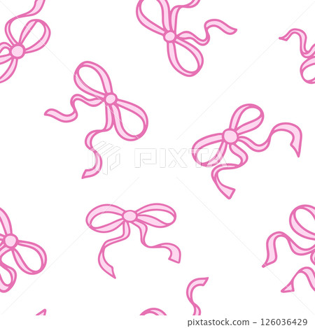Coquette seamless pattern Pink Ribbon Bow. Pretty Girly bows on white background. Trendy feminine romantic art for greeting cards, textile, fabric, wallpaper, wrapping. Vector Illustration. 126036429