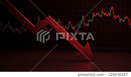 Dramatic 3D visualization of a sharp, metallic, deep crimson arrow aggressively descending, casting subtle shadows, set against a graph backdrop. 126036567