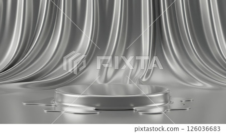 Elegant silver podium with reflective liquid like base and draped fabric backdrop. Perfect for showcasing luxury products or creating a modern presentation. Elegant silver podium with reflective liquid like base and draped fabric backdrop. Perfect for showcasing luxury products or creating a modern presentation. 126036683
